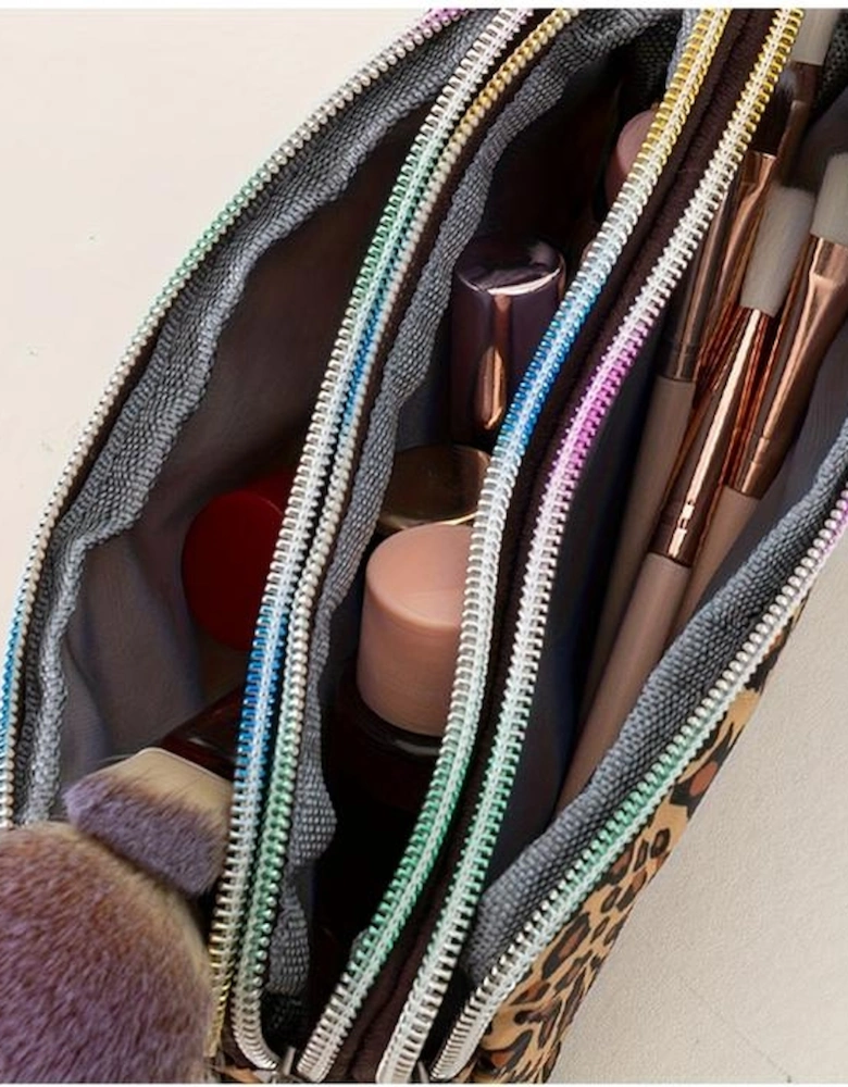 Brown Leopard Print PU Leather Wristlet Zipper Makeup Bag