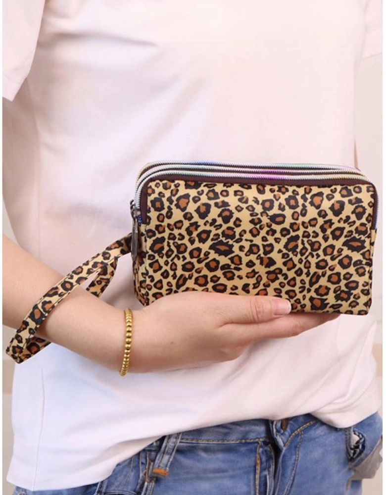Brown Leopard Print PU Leather Wristlet Zipper Makeup Bag