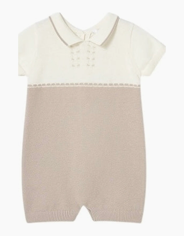 Boys Beige Collared Knit Romper