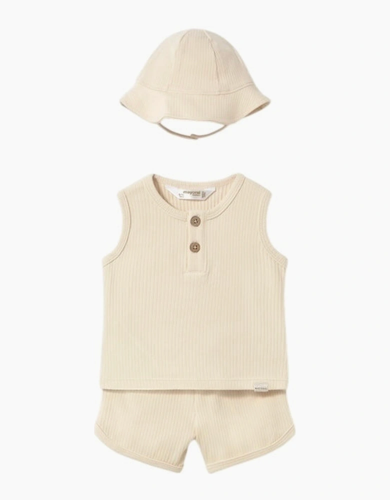 Boys Beige Ribbed Short Set and Hat