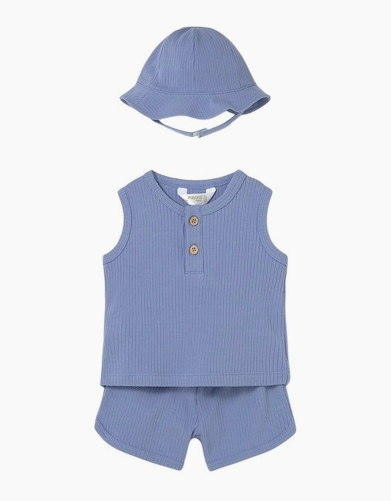 Boys Blue Ribbed Short Set and Hat