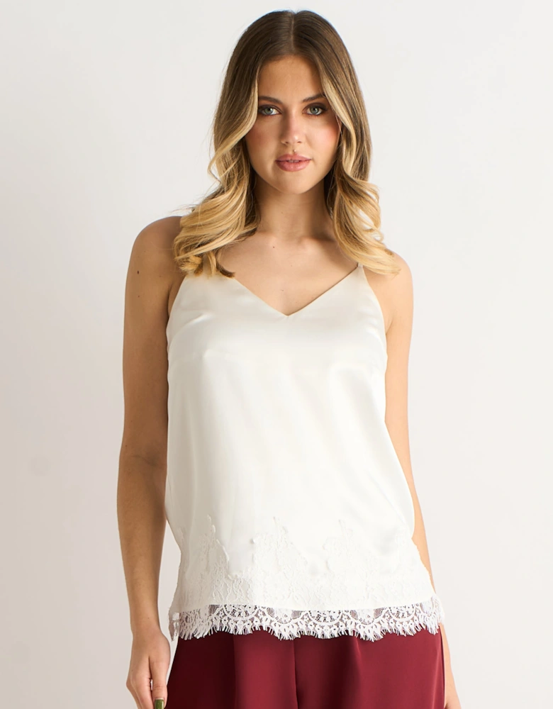 White Lace Trim Satin Cami Top