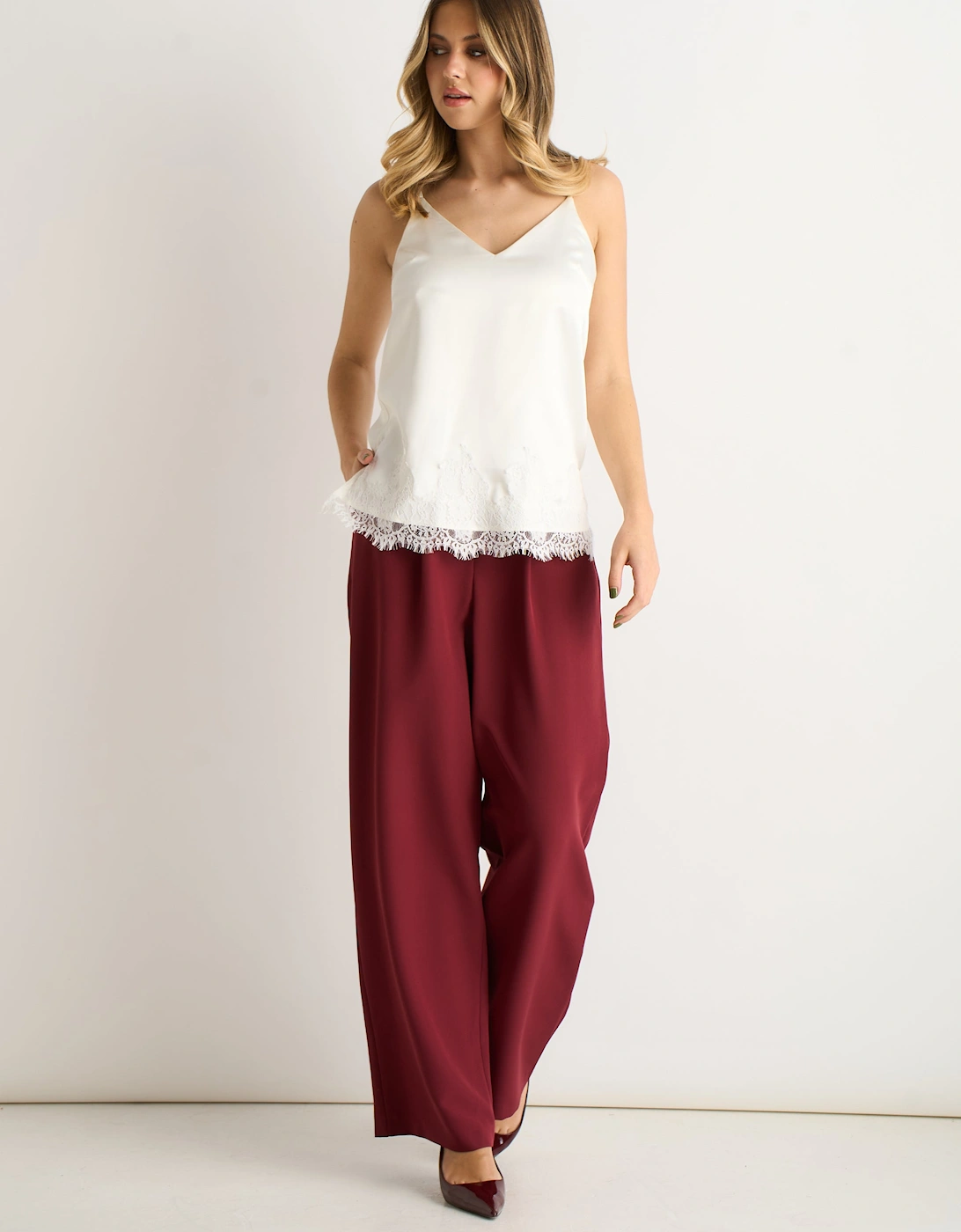 White Lace Trim Satin Cami Top