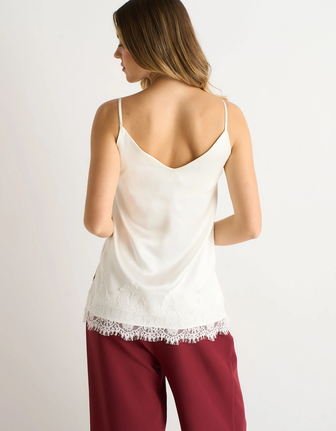 White Lace Trim Satin Cami Top