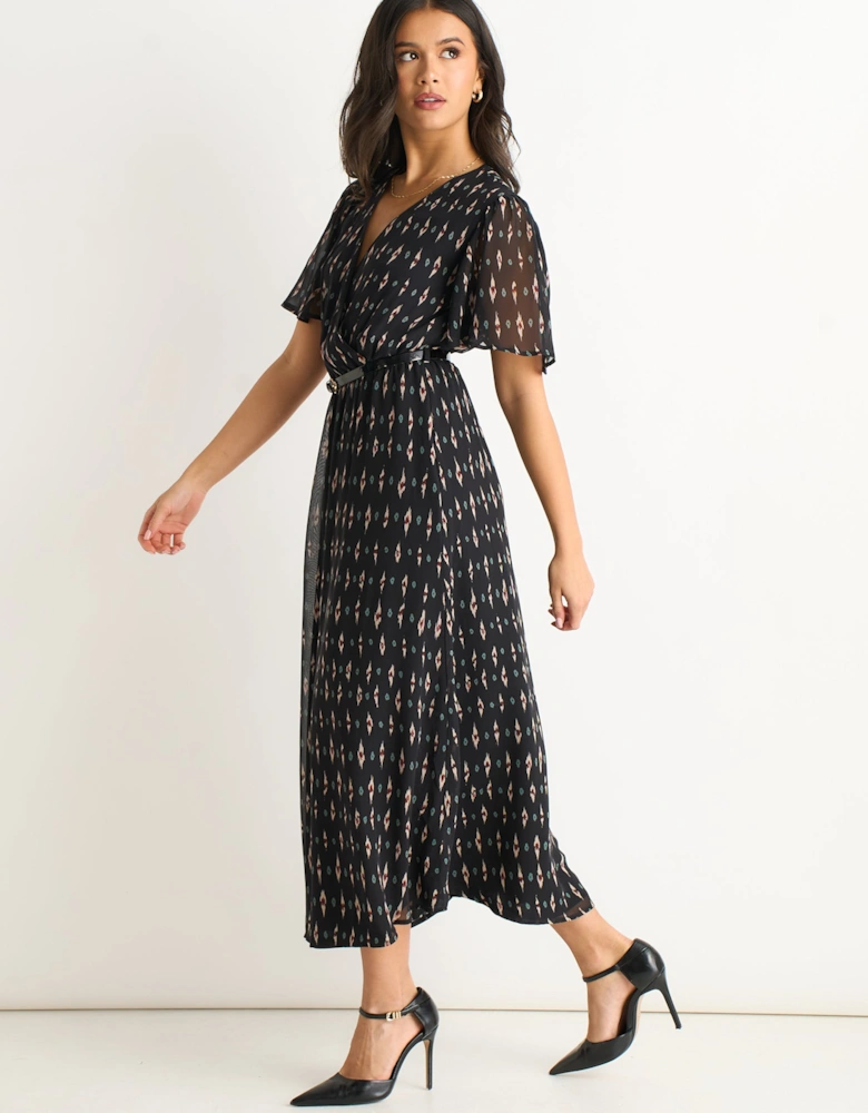 Black Geo Wrap Front Silk Fit & Flare Midi Dress