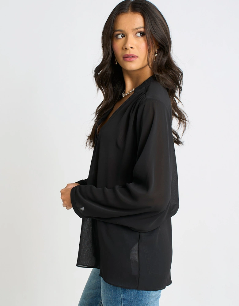 Black Textured Chiffon Oversized Blouse