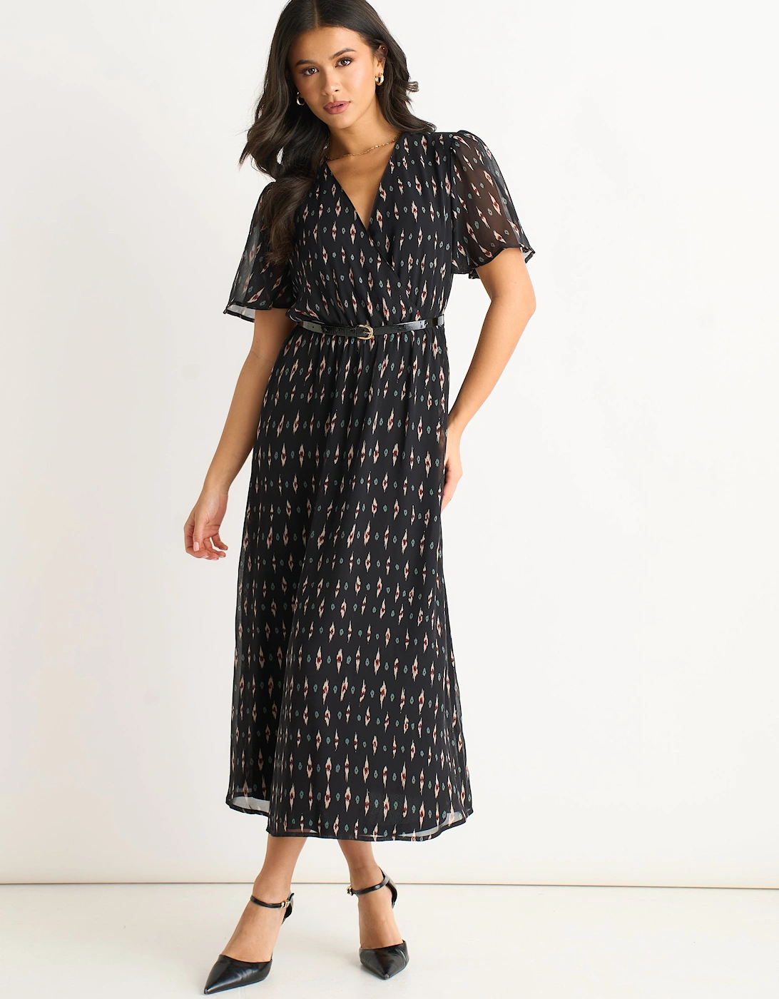 Black Geo Wrap Front Silk Fit & Flare Midi Dress, 5 of 4