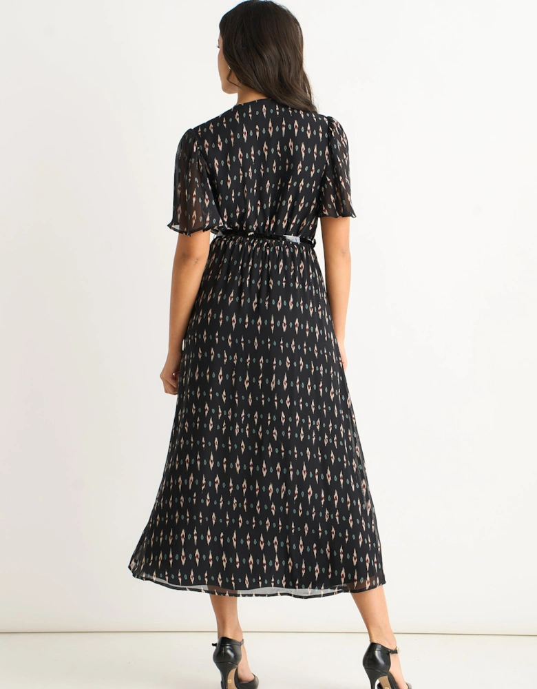 Black Geo Wrap Front Silk Fit & Flare Midi Dress