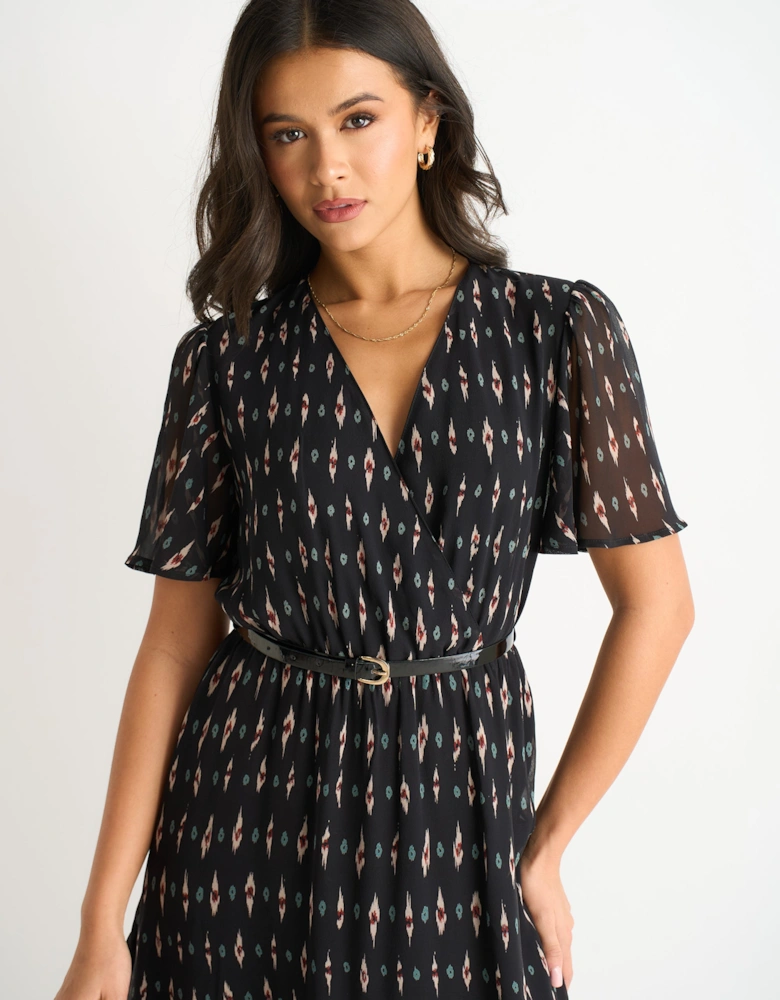 Black Geo Wrap Front Silk Fit & Flare Midi Dress