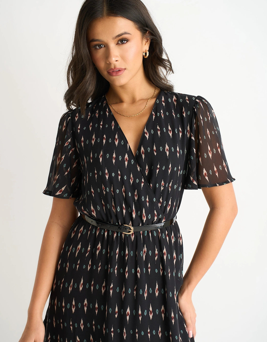 Black Geo Wrap Front Silk Fit & Flare Midi Dress