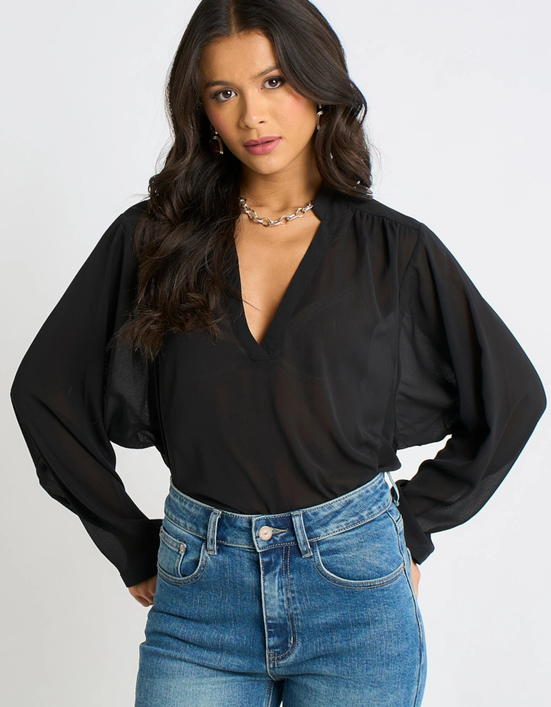 Black Textured Chiffon Oversized Blouse