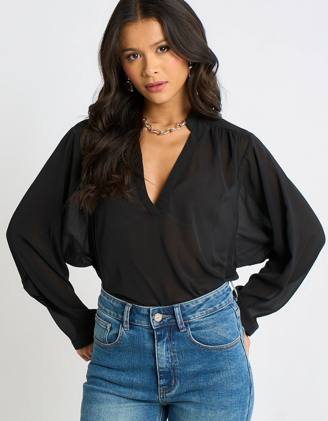 Gini London Women's Black Textured Chiffon Oversized Blouse - Size L-Xl UK 14-16/Us 10-12/Eu 42-44