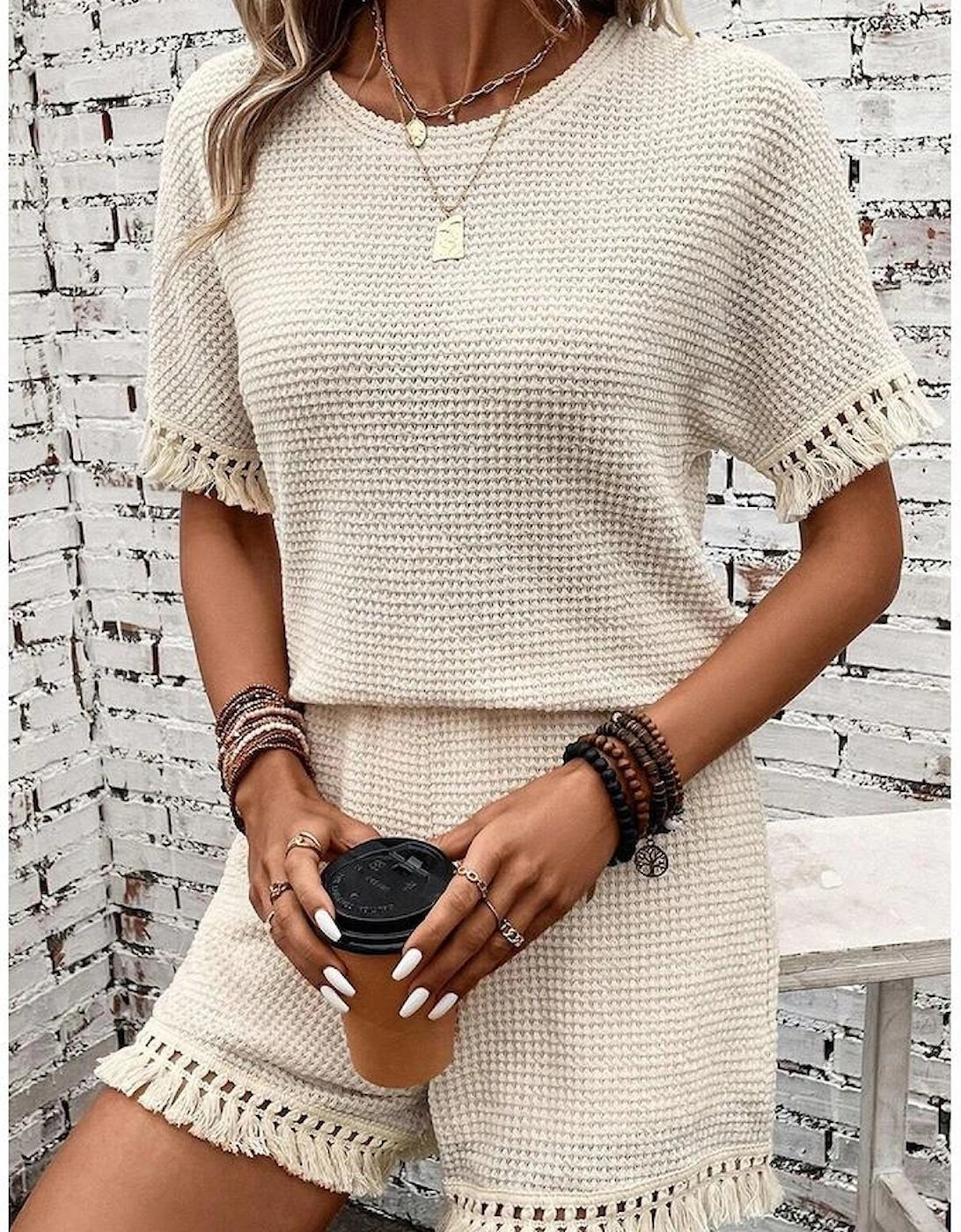 Beige Fringe Trim Textured Short Two Piece Set