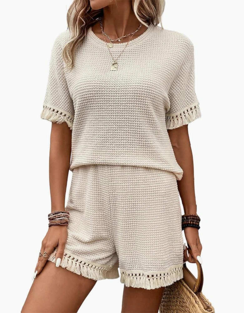 Beige Fringe Trim Textured Short Two Piece Set