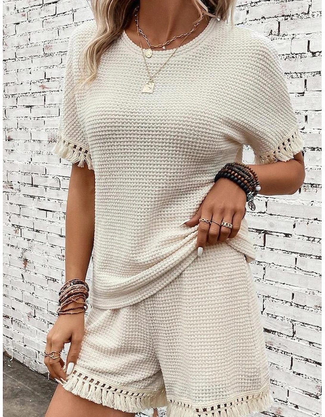 Beige Fringe Trim Textured Short Two Piece Set, 8 of 7