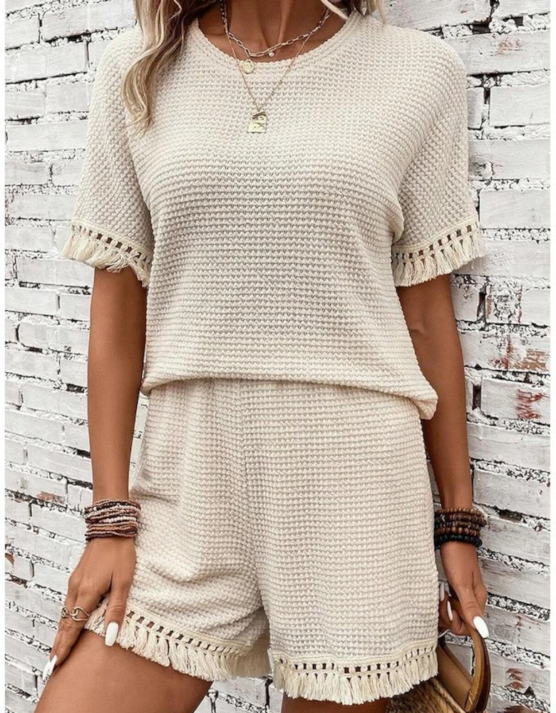 Beige Fringe Trim Textured Short Two Piece Set