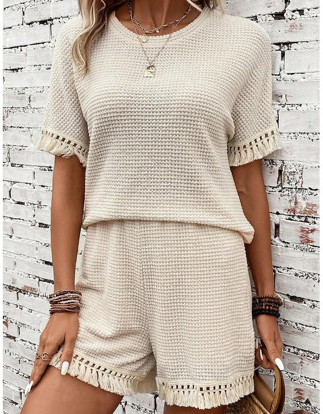 Beige Fringe Trim Textured Short Two Piece Set