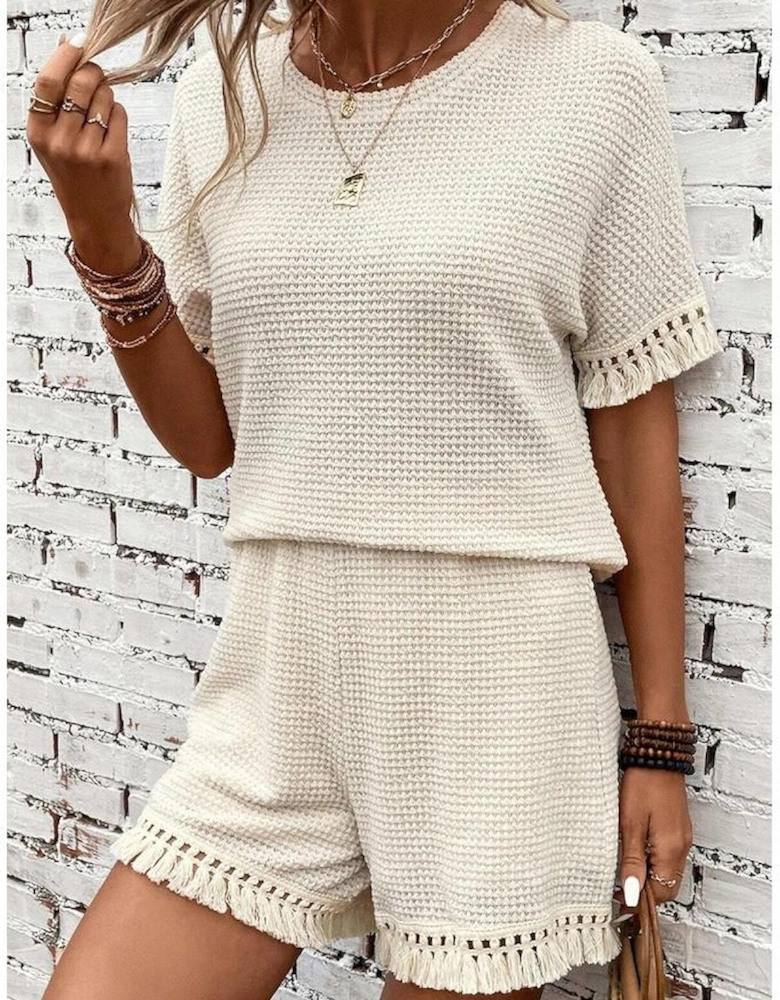 Beige Fringe Trim Textured Short Two Piece Set