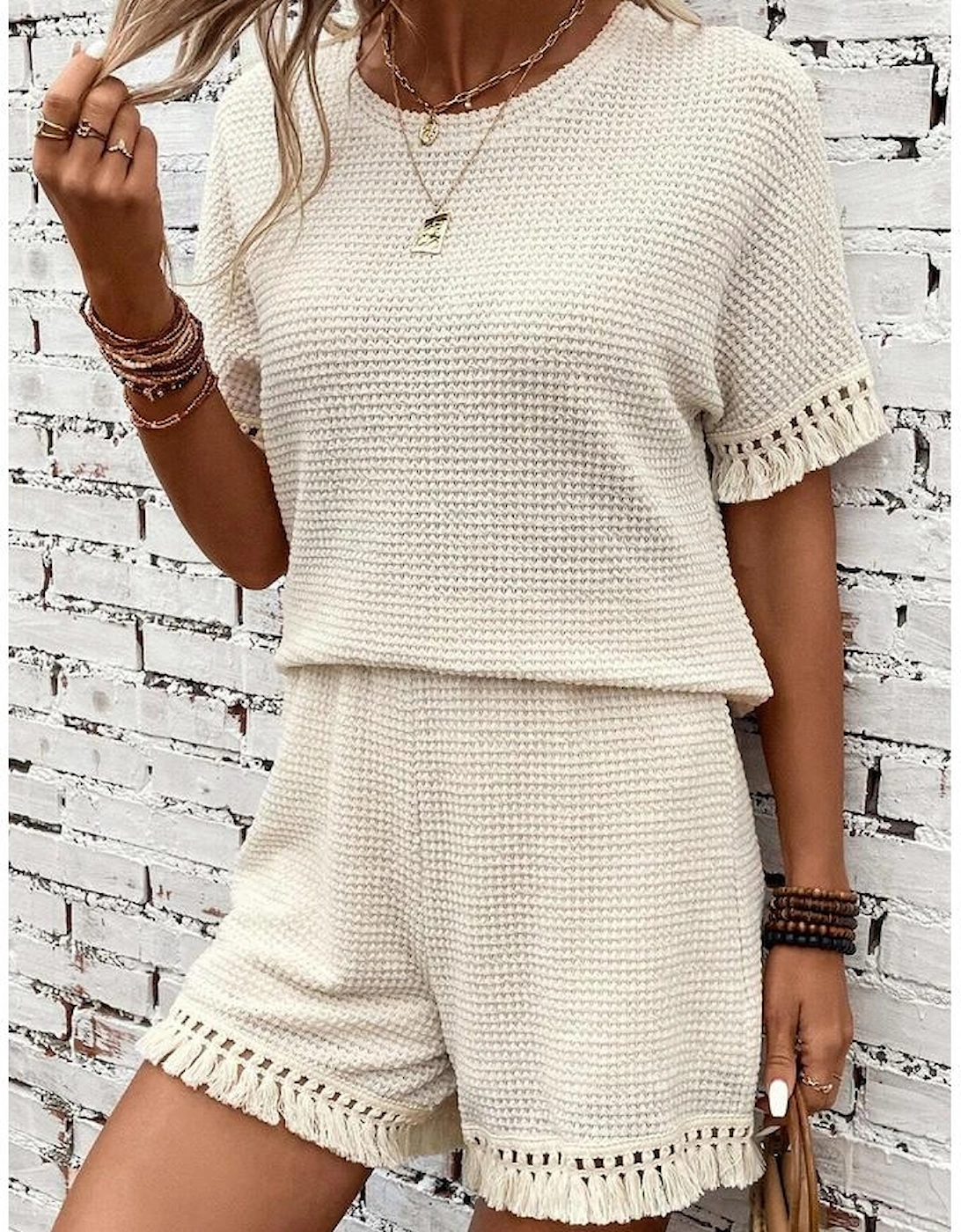 Beige Fringe Trim Textured Short Two Piece Set