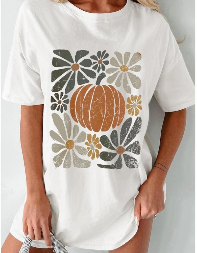 White Thanksgiving Pumpkin Print Loose Crewneck Tunic T Shirt