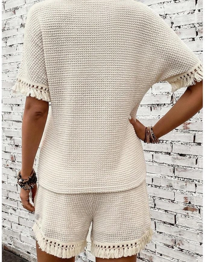 Beige Fringe Trim Textured Short Two Piece Set