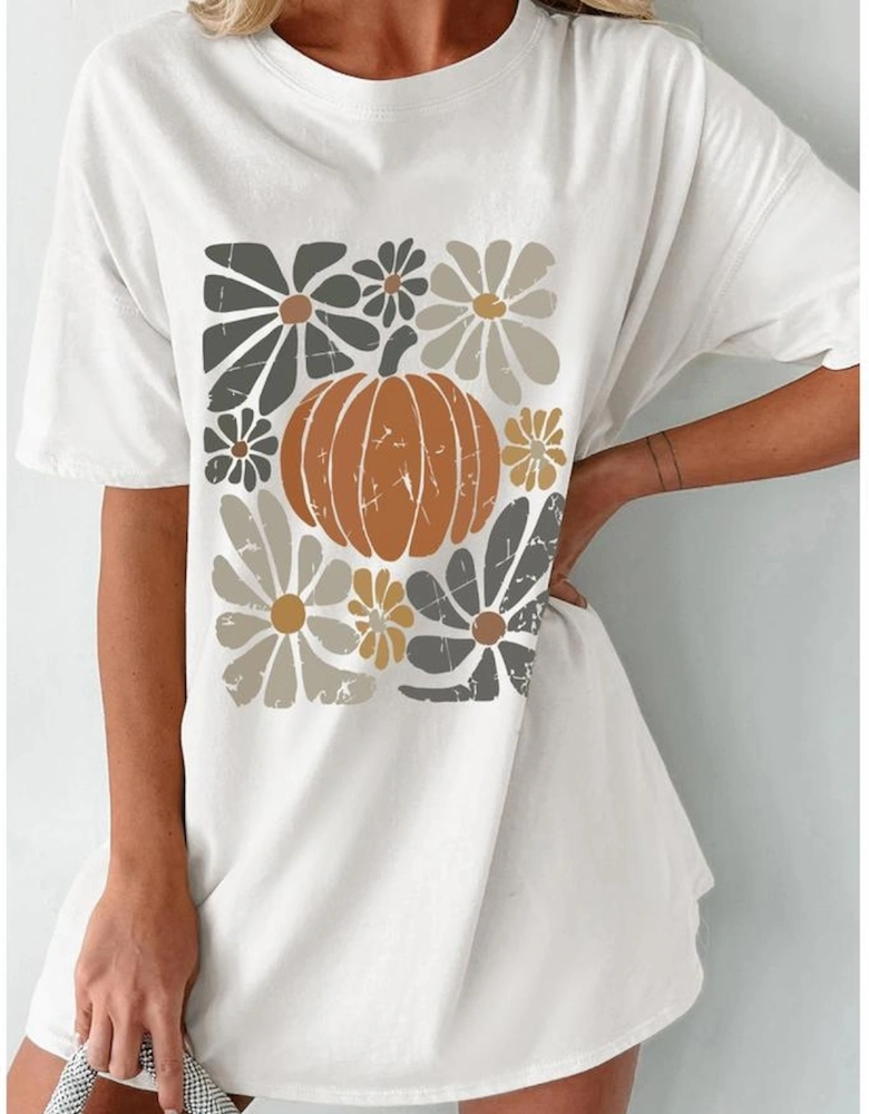 White Thanksgiving Pumpkin Print Loose Crewneck Tunic T Shirt