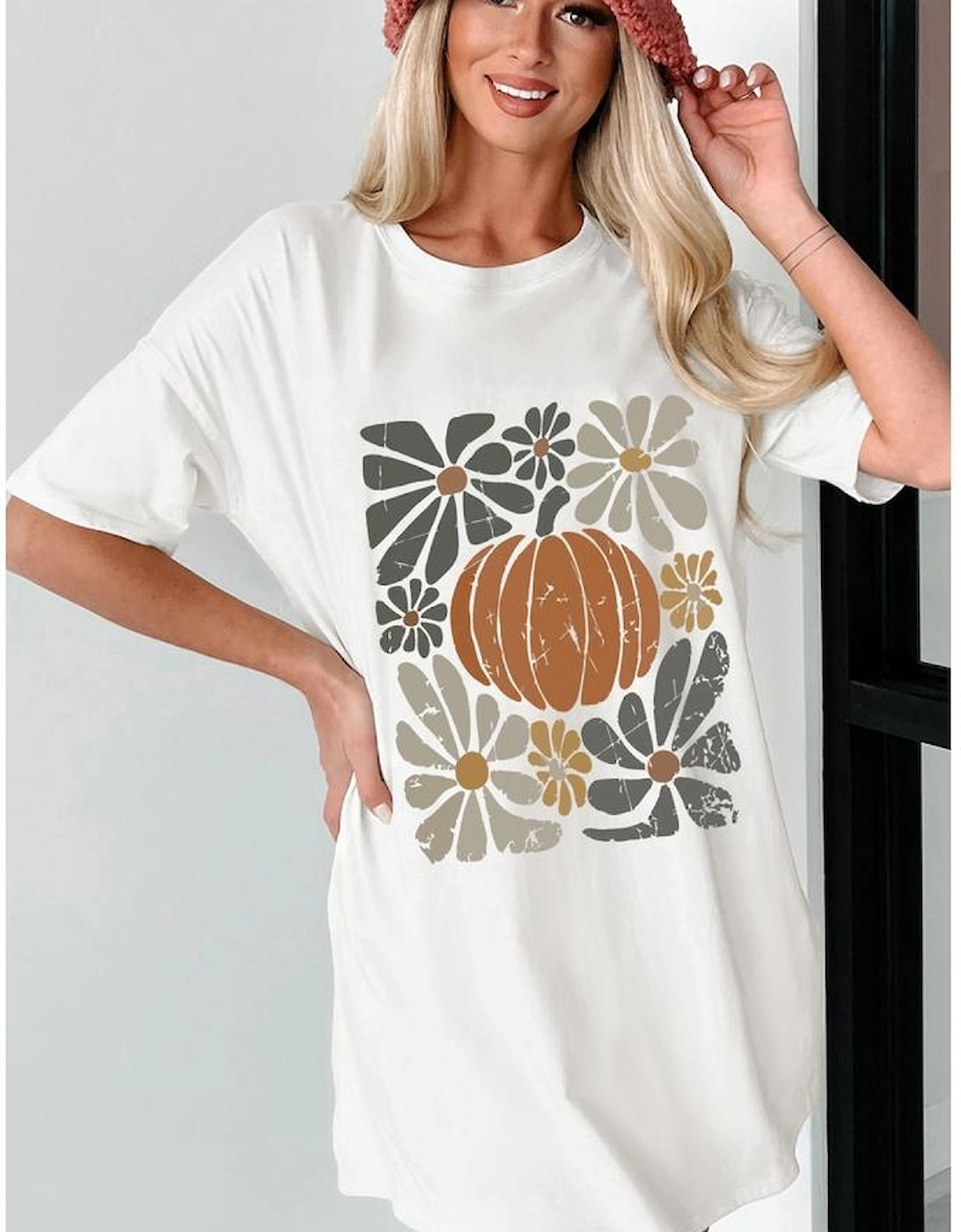 White Thanksgiving Pumpkin Print Loose Crewneck Tunic T Shirt, 6 of 5