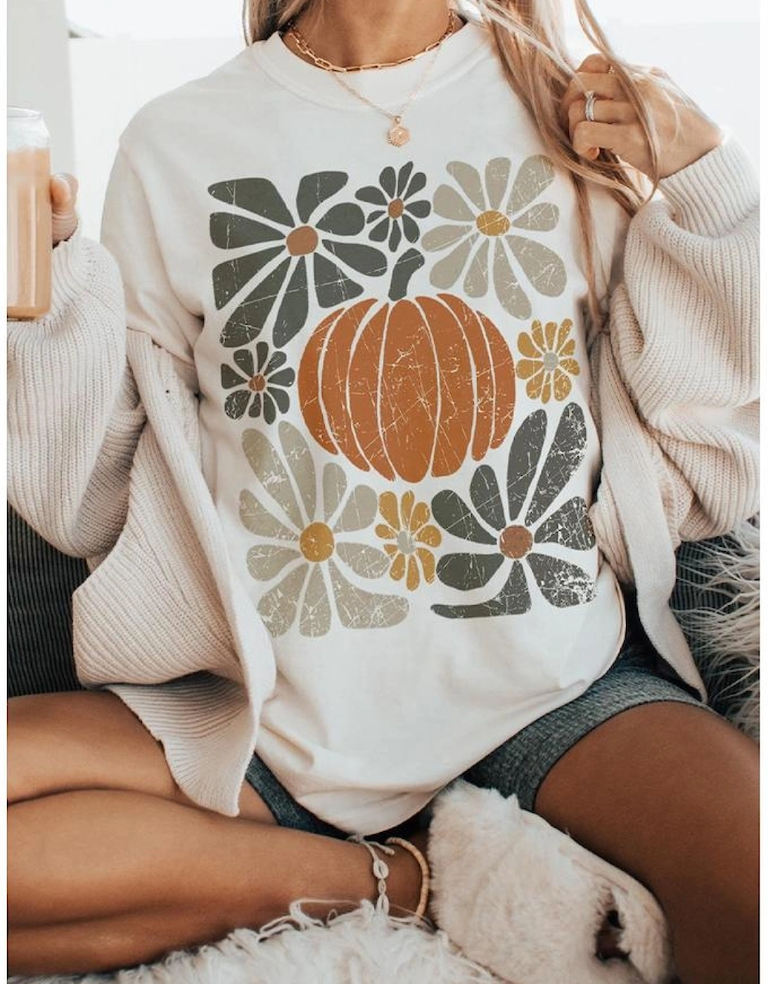 White Thanksgiving Pumpkin Print Loose Crewneck Tunic T Shirt
