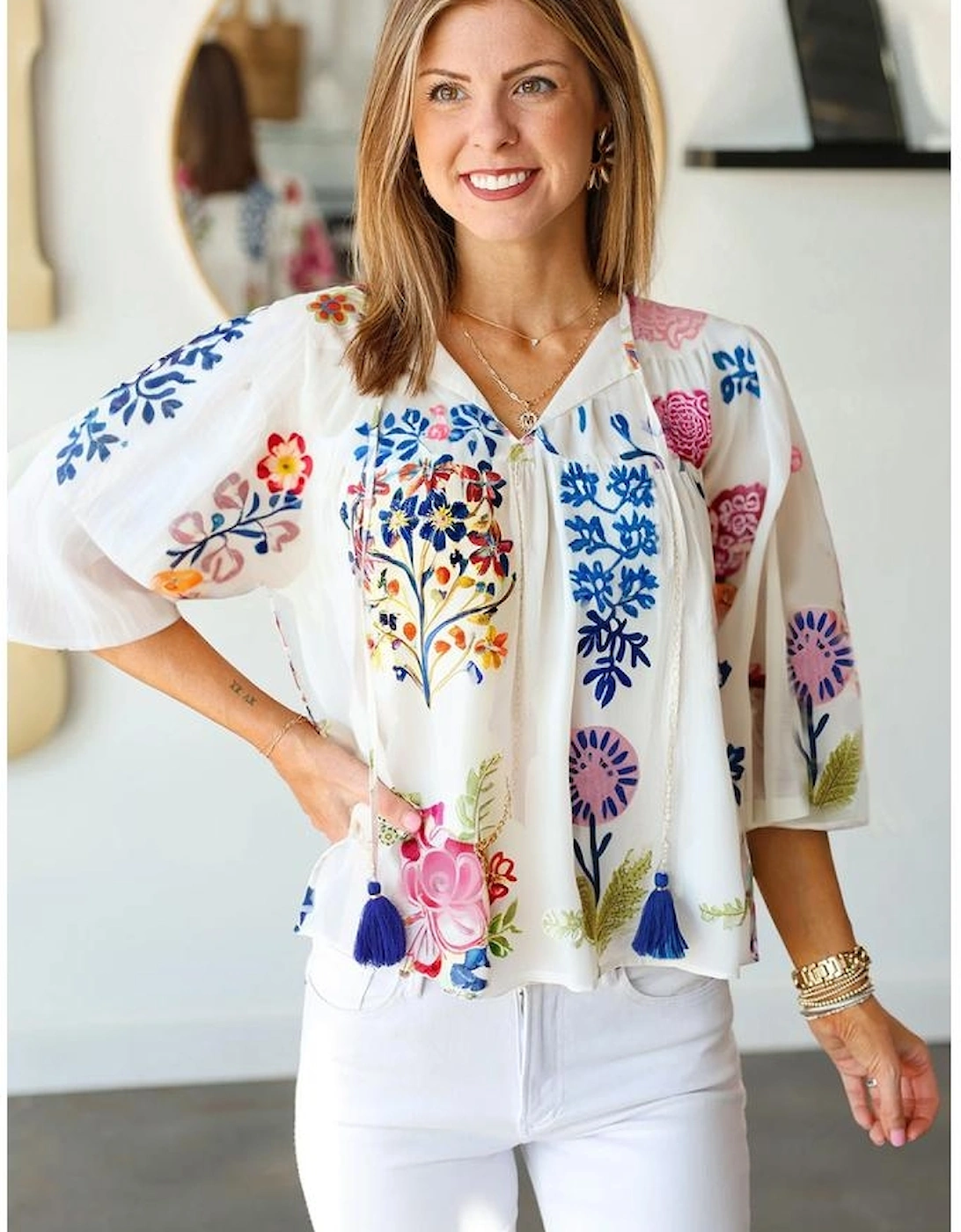 White Floral Print Tassel Tie Bracelet Sleeve Flowy Blouse, 11 of 10