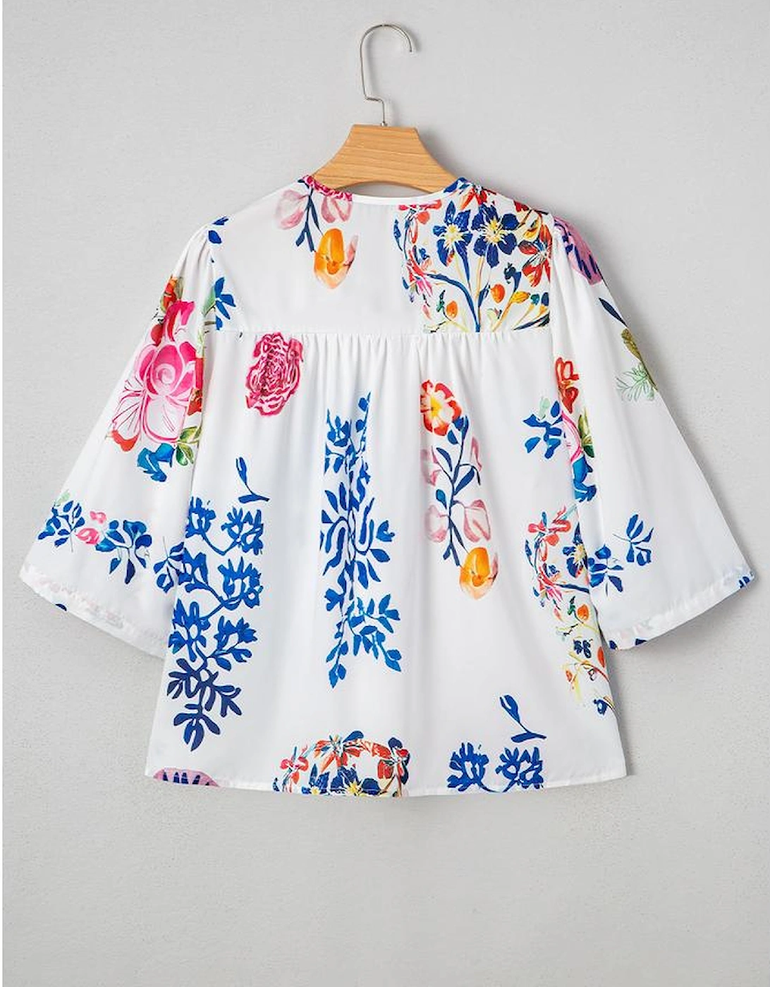 White Floral Print Tassel Tie Bracelet Sleeve Flowy Blouse