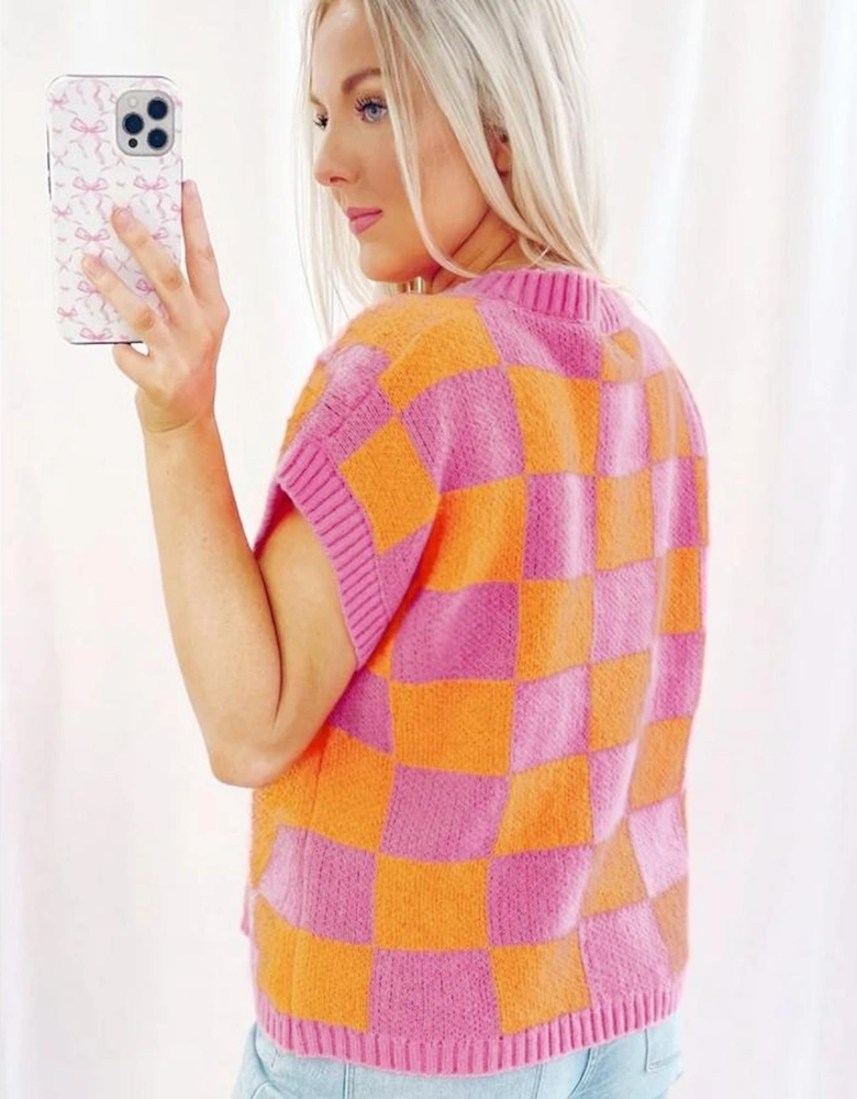 Strawberry Pink Colorblock Plaid Pattern Ribbed Trim Sweater Tank Top