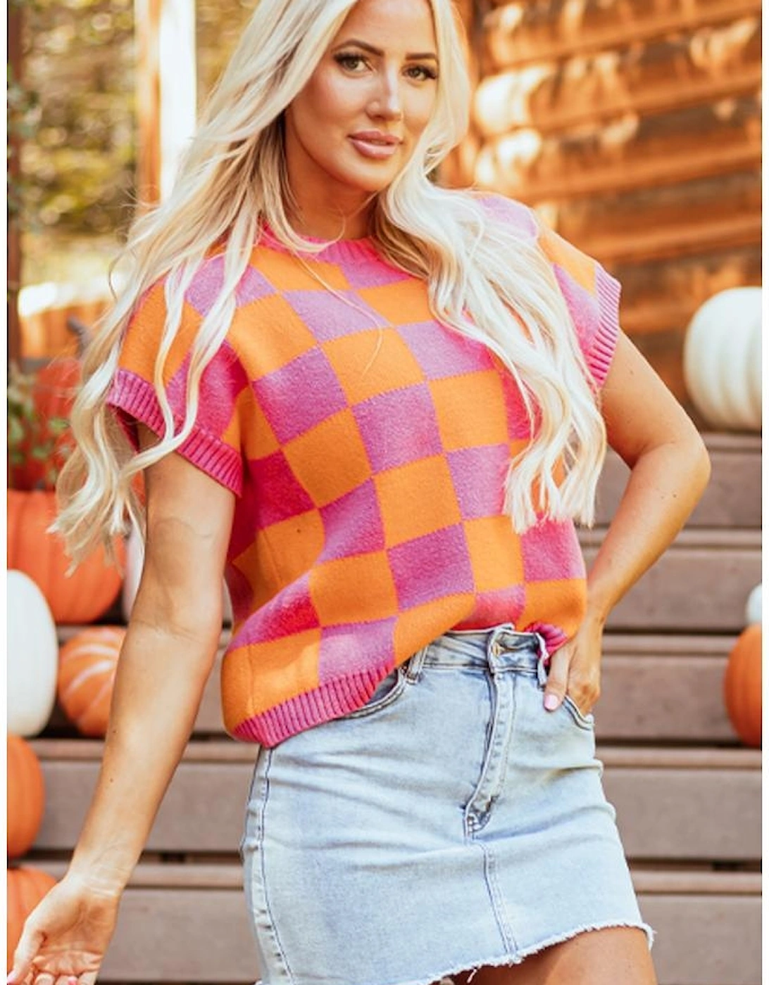 Strawberry Pink Colorblock Plaid Pattern Ribbed Trim Sweater Tank Top, 13 of 12