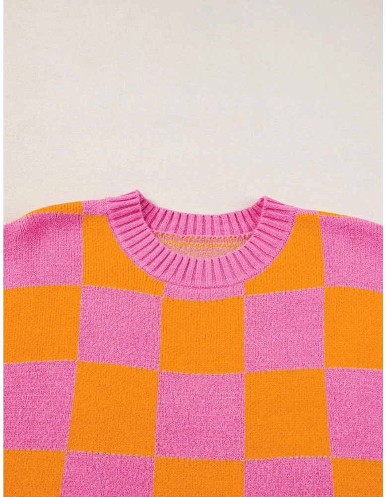 Strawberry Pink Colorblock Plaid Pattern Ribbed Trim Sweater Tank Top