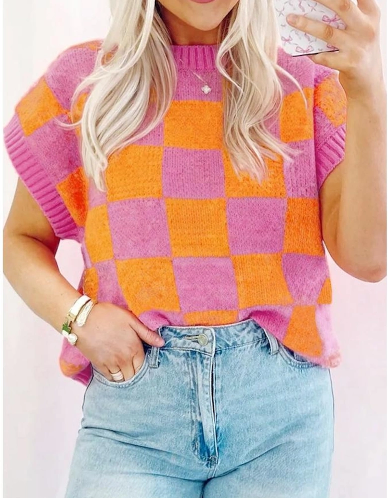 Strawberry Pink Colorblock Plaid Pattern Ribbed Trim Sweater Tank Top