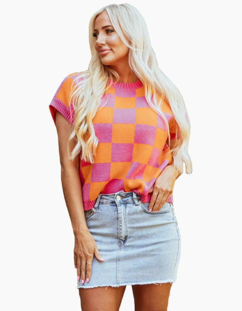 Strawberry Pink Colorblock Plaid Pattern Ribbed Trim Sweater Tank Top