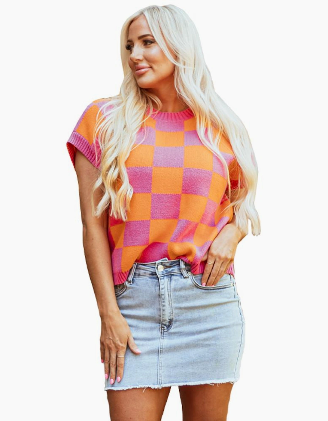 Strawberry Pink Colorblock Plaid Pattern Ribbed Trim Sweater Tank Top