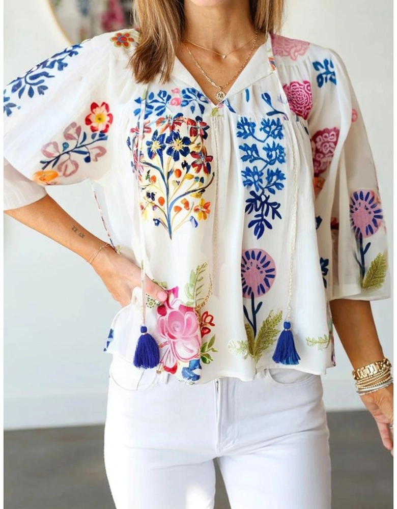 White Floral Print Tassel Tie Bracelet Sleeve Flowy Blouse
