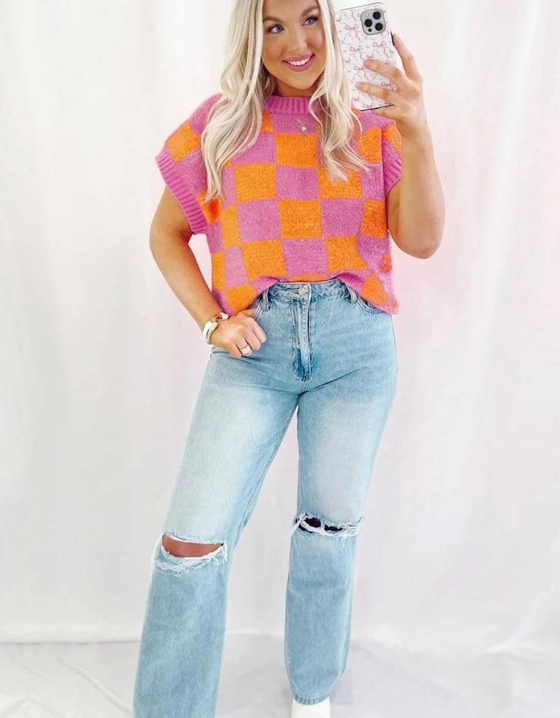 Strawberry Pink Colorblock Plaid Pattern Ribbed Trim Sweater Tank Top