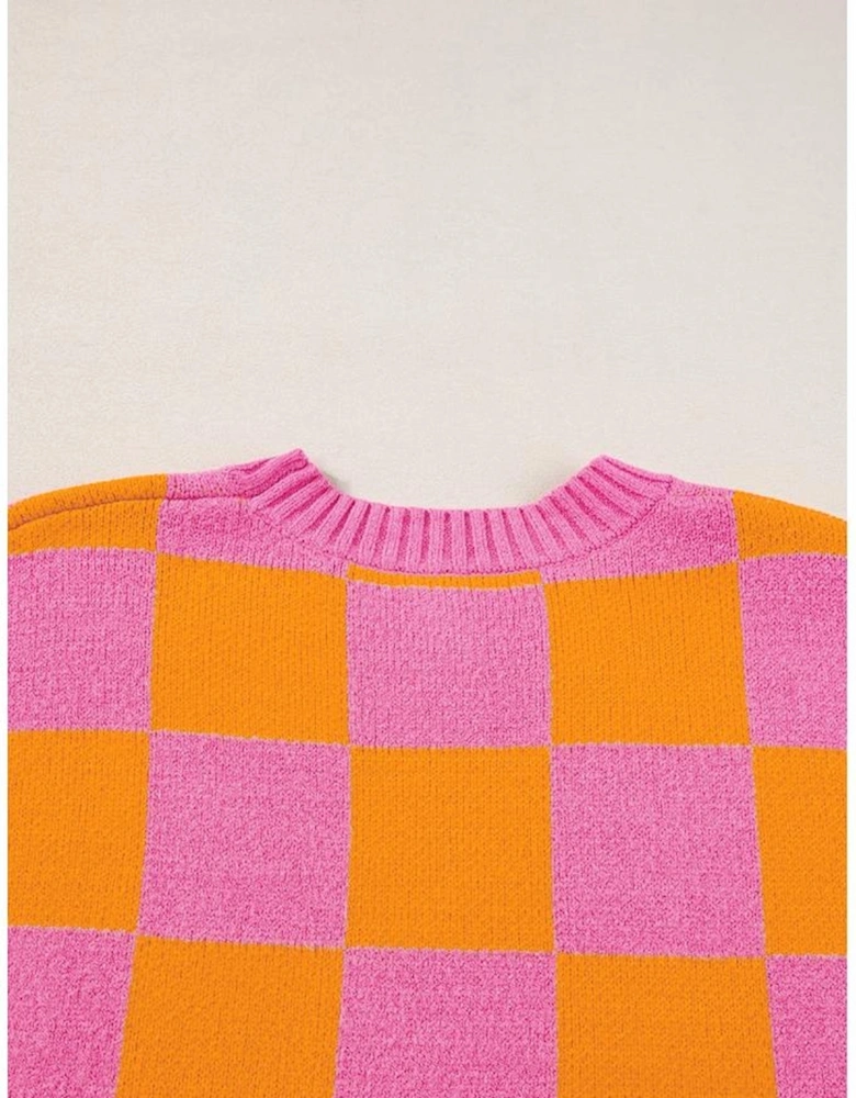 Strawberry Pink Colorblock Plaid Pattern Ribbed Trim Sweater Tank Top