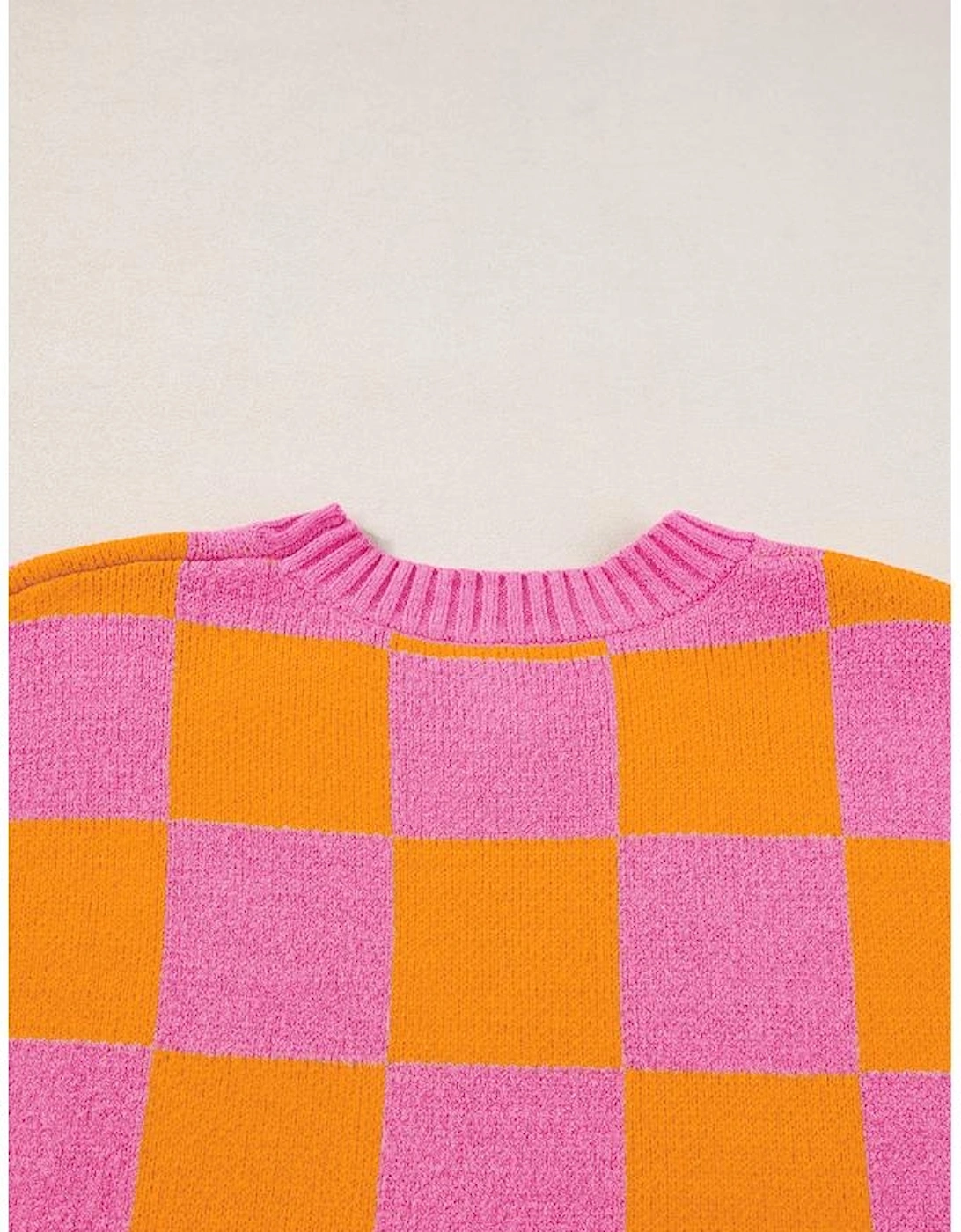 Strawberry Pink Colorblock Plaid Pattern Ribbed Trim Sweater Tank Top