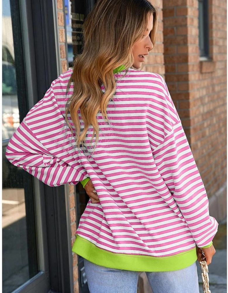 Rose Red Striped Contrast Ribbed Trim Crossed Stitch Drop Shoulder Sweatshirt