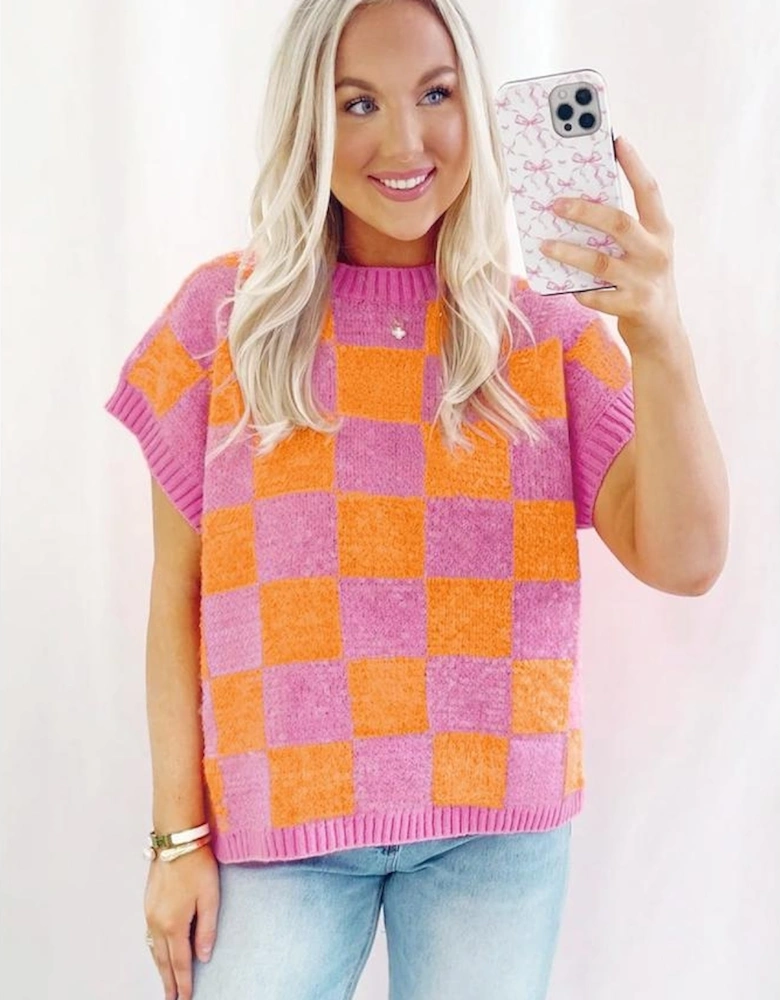 Strawberry Pink Colorblock Plaid Pattern Ribbed Trim Sweater Tank Top