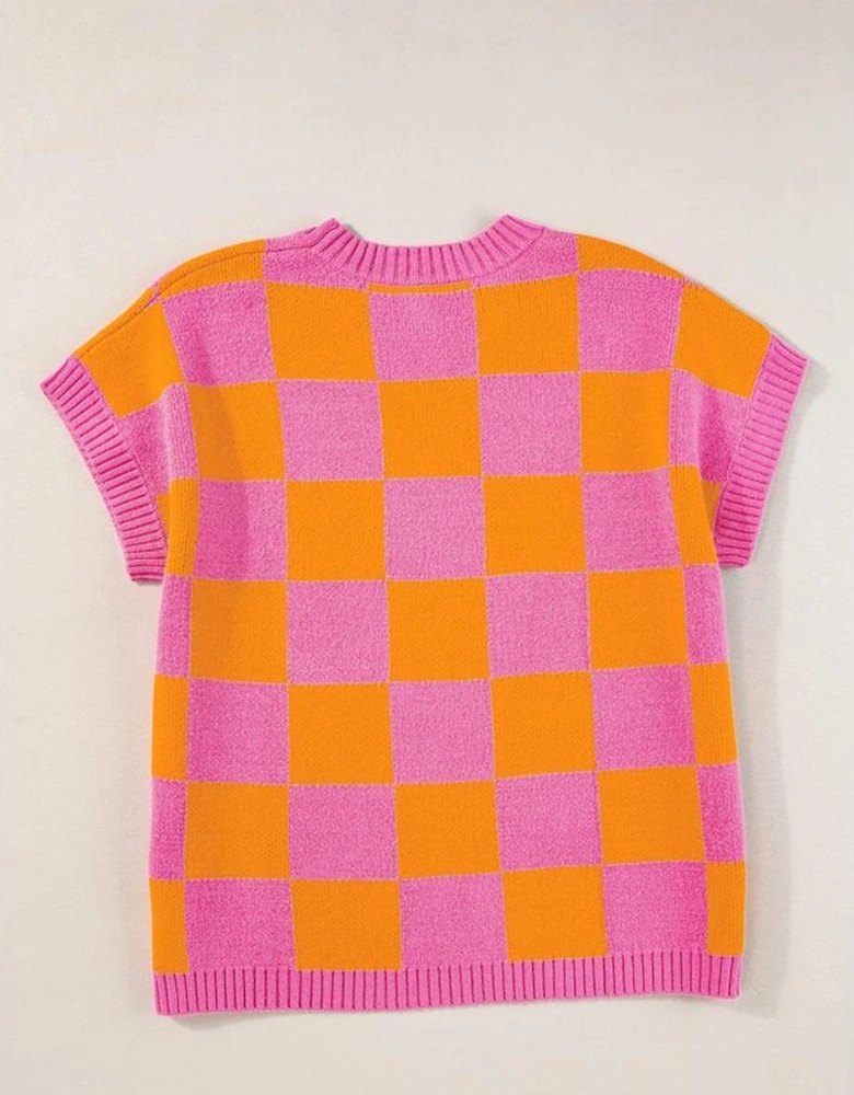 Strawberry Pink Colorblock Plaid Pattern Ribbed Trim Sweater Tank Top