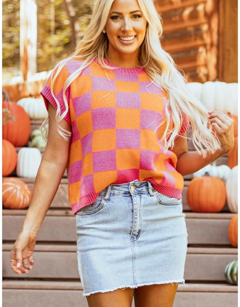 Strawberry Pink Colorblock Plaid Pattern Ribbed Trim Sweater Tank Top