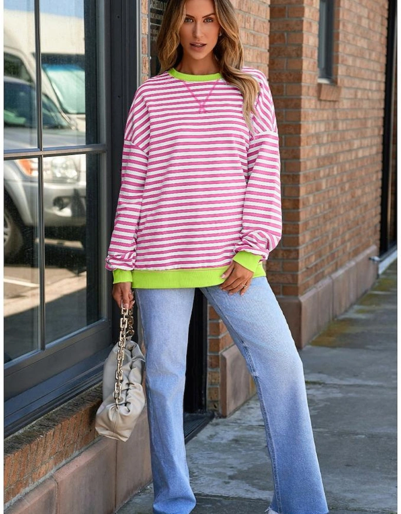 Rose Red Striped Contrast Ribbed Trim Crossed Stitch Drop Shoulder Sweatshirt