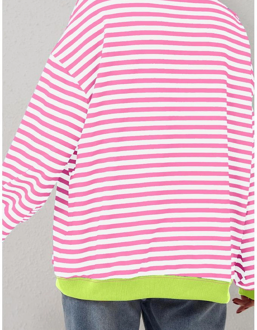 Rose Red Striped Contrast Ribbed Trim Crossed Stitch Drop Shoulder Sweatshirt