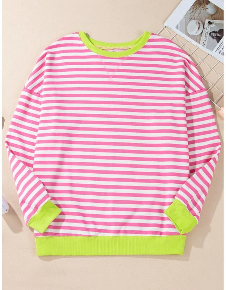 Rose Red Striped Contrast Ribbed Trim Crossed Stitch Drop Shoulder Sweatshirt