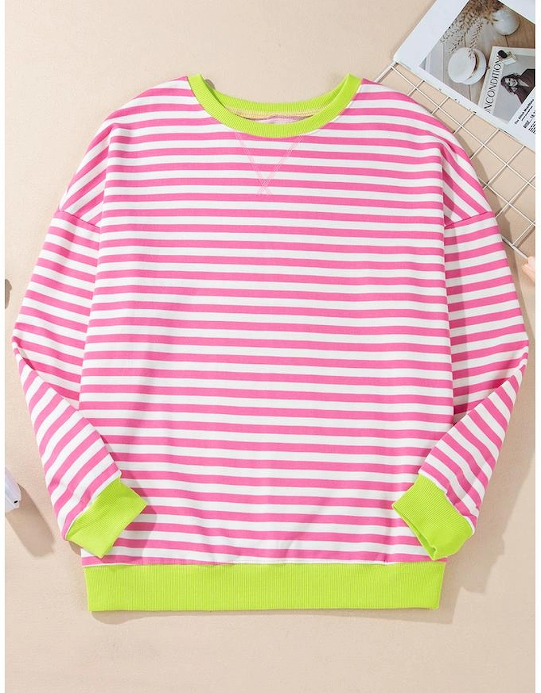 Rose Red Striped Contrast Ribbed Trim Crossed Stitch Drop Shoulder Sweatshirt