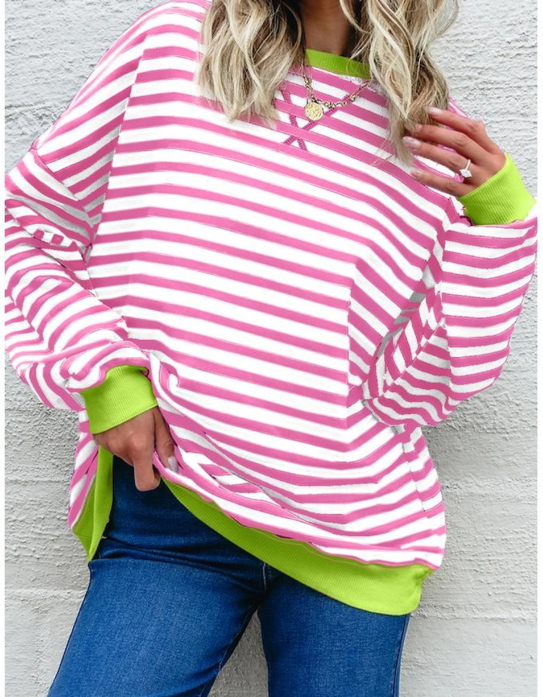 Rose Red Striped Contrast Ribbed Trim Crossed Stitch Drop Shoulder Sweatshirt