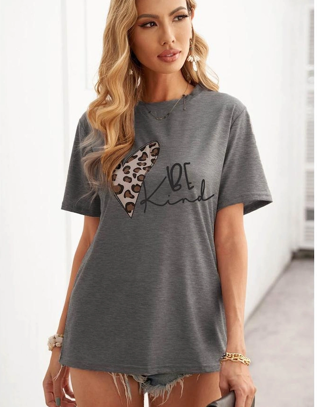 Gray Leopard Heart Be Kind Graphic Tee